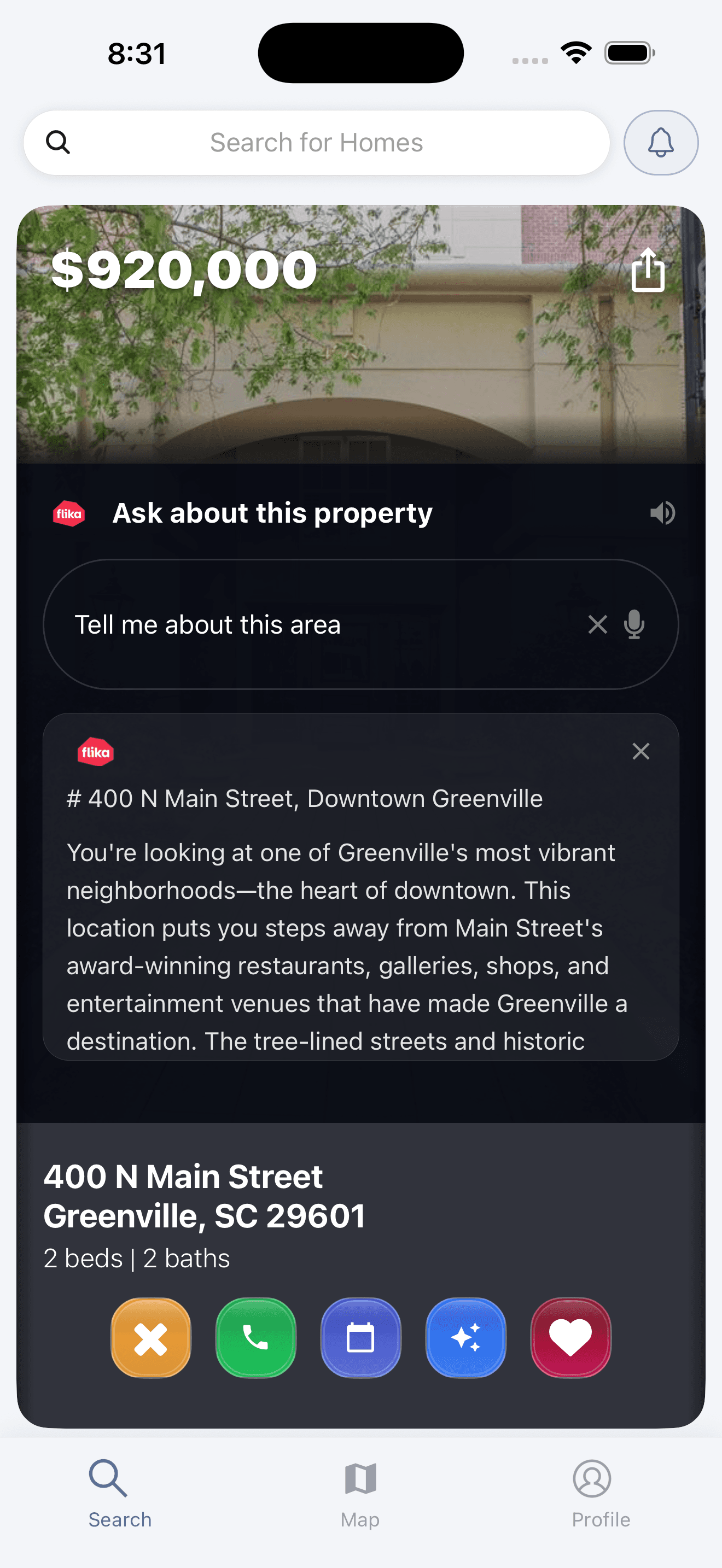 Flika app showing a Claude-powered conversation about a Greenville SC property
