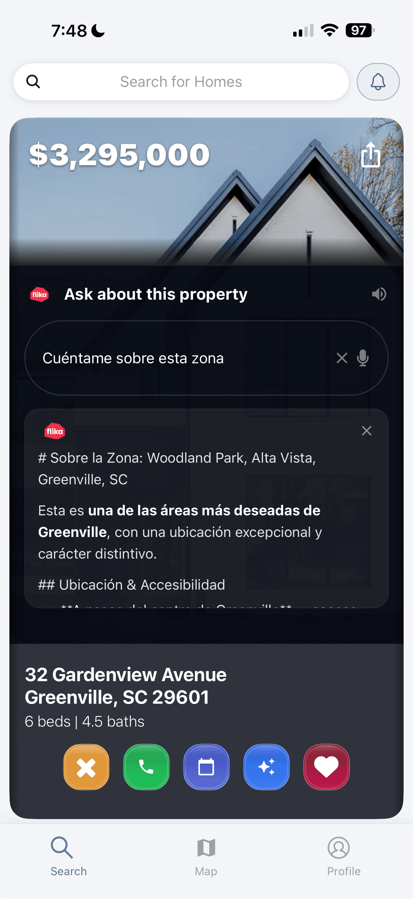 Flika app answering a property question in Spanish